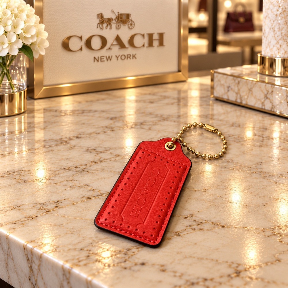 Coach Hangtag Red Leather Perforated Logo Bag Charm Gold Ball Chain